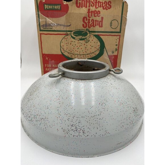 Vintage Penetray Christmas Tree Stand Box White Sparkly Gliter USA Metal 1950's
